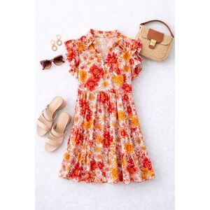 Umgee Womens Floral Tiered Mini Dress Orange Red Yellow Flutter Sleeve S Boho